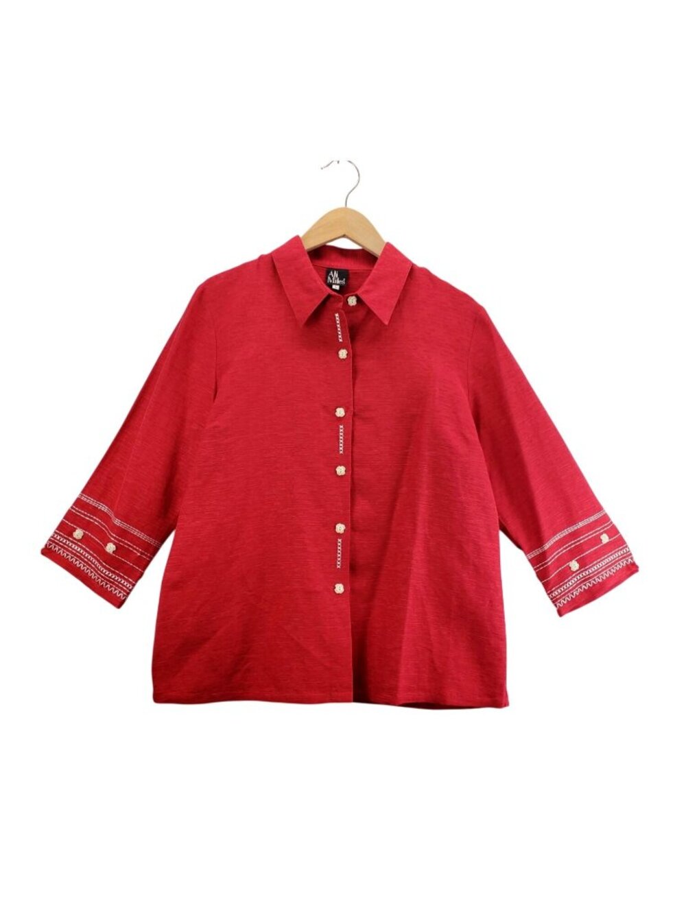 Red Button-Up Shirt Ali Miles L Silk Linen Blend 3/4 Sleeves White Embordered